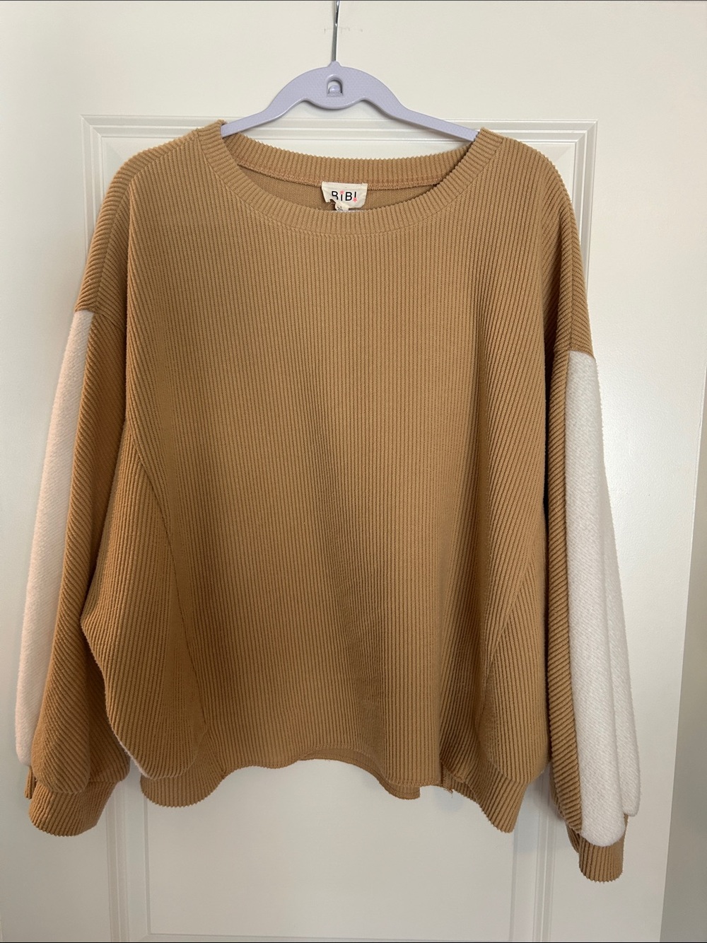 BiBi Camel with Cream Paneled Ribbed Crewneck Sweater
